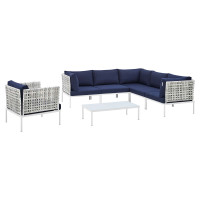 Modway EEI-4934-TAU-NAV-SET Taupe Navy Harmony 7-Piece  Sunbrella® Basket Weave Outdoor Patio Aluminum Sectional Sofa Set