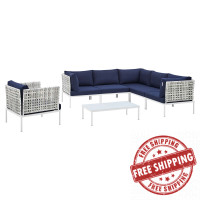 Modway EEI-4934-TAU-NAV-SET Taupe Navy Harmony 7-Piece  Sunbrella® Basket Weave Outdoor Patio Aluminum Sectional Sofa Set