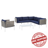 Modway EEI-4935-TAN-NAV-SET Tan Navy Harmony 7-Piece  Sunbrella® Basket Weave Outdoor Patio Aluminum Sectional Sofa Set