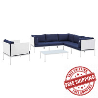 Modway EEI-4936-WHI-NAV-SET White Navy Harmony 7-Piece  Sunbrella® Outdoor Patio Aluminum Sectional Sofa Set