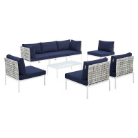 Modway EEI-4938-TAU-NAV-SET Taupe Navy Harmony 8-Piece  Sunbrella® Basket Weave Outdoor Patio Aluminum Sectional Sofa Set
