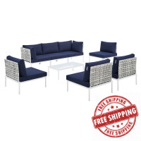 Modway EEI-4938-TAU-NAV-SET Taupe Navy Harmony 8-Piece  Sunbrella® Basket Weave Outdoor Patio Aluminum Sectional Sofa Set