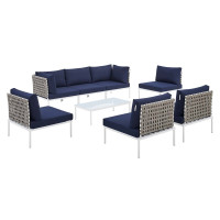 Modway EEI-4939-TAN-NAV-SET Tan Navy Harmony 8-Piece  Sunbrella® Basket Weave Outdoor Patio Aluminum Sectional Sofa Set