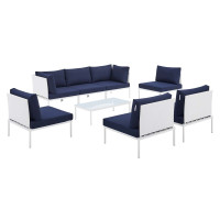 Modway EEI-4940-WHI-NAV-SET White Navy Harmony 8-Piece  Sunbrella® Outdoor Patio Aluminum Sectional Sofa Set