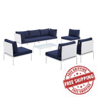 Modway EEI-4940-WHI-NAV-SET White Navy Harmony 8-Piece  Sunbrella® Outdoor Patio Aluminum Sectional Sofa Set