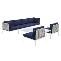 Modway EEI-4942-TAU-NAV-SET Taupe Navy Harmony 8-Piece  Sunbrella® Basket Weave Outdoor Patio Aluminum Sectional Sofa Set