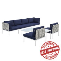 Modway EEI-4942-TAU-NAV-SET Taupe Navy Harmony 8-Piece  Sunbrella® Basket Weave Outdoor Patio Aluminum Sectional Sofa Set