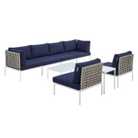 Modway EEI-4943-TAN-NAV-SET Tan Navy Harmony 8-Piece  Sunbrella® Basket Weave Outdoor Patio Aluminum Sectional Sofa Set