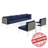 Modway EEI-4943-TAN-NAV-SET Tan Navy Harmony 8-Piece  Sunbrella® Basket Weave Outdoor Patio Aluminum Sectional Sofa Set