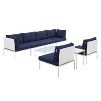 Modway EEI-4944-WHI-NAV-SET White Navy Harmony 8-Piece  Sunbrella® Outdoor Patio Aluminum Sectional Sofa Set