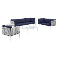 Modway EEI-4946-TAU-NAV-SET Taupe Navy Harmony 8-Piece  Sunbrella® Basket Weave Outdoor Patio Aluminum Seating Set