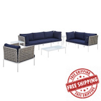 Modway EEI-4947-TAN-NAV-SET Tan Navy Harmony 8-Piece  Sunbrella® Basket Weave Outdoor Patio Aluminum Seating Set