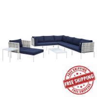 Modway EEI-4950-TAU-NAV-SET Taupe Navy Harmony 10-Piece  Sunbrella® Basket Weave Outdoor Patio Aluminum Sectional Sofa Set