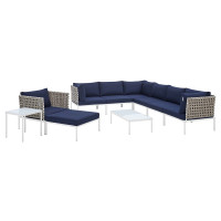 Modway EEI-4951-TAN-NAV-SET Tan Navy Harmony 10-Piece  Sunbrella® Basket Weave Outdoor Patio Aluminum Sectional Sofa Set