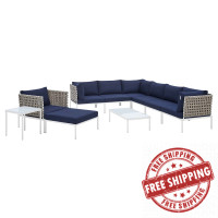 Modway EEI-4951-TAN-NAV-SET Tan Navy Harmony 10-Piece  Sunbrella® Basket Weave Outdoor Patio Aluminum Sectional Sofa Set