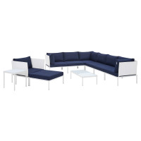 Modway EEI-4952-WHI-NAV-SET White Navy Harmony 10-Piece  Sunbrella® Outdoor Patio Aluminum Sectional Sofa Set