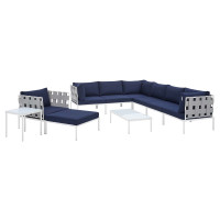 Modway EEI-4953-GRY-NAV-SET Gray Navy Harmony 10-Piece  Sunbrella® Outdoor Patio Aluminum Sectional Sofa Set