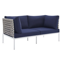 Modway EEI-4962-TAN-NAV Tan Navy Harmony Sunbrella® Basket Weave Outdoor Patio Aluminum Loveseat