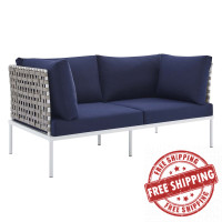 Modway EEI-4962-TAN-NAV Tan Navy Harmony Sunbrella® Basket Weave Outdoor Patio Aluminum Loveseat