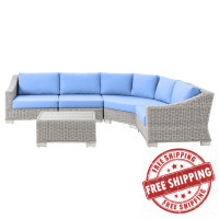 Modway EEI-5093-LBU Conway Outdoor Patio Wicker Rattan 5-Piece Sectional Sofa Furniture Set Light Gray Light Blue