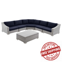 Modway EEI-5094-NAV Conway Outdoor Patio Wicker Rattan 6-Piece Sectional Sofa Furniture Set Light Gray Navy