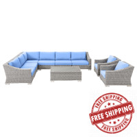 Modway EEI-5096-LBU Conway Outdoor Patio Wicker Rattan 9-Piece Sectional Sofa Furniture Set Light Gray Light Blue