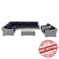Modway EEI-5096-NAV Conway Outdoor Patio Wicker Rattan 9-Piece Sectional Sofa Furniture Set Light Gray Navy