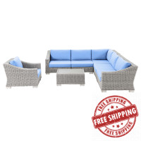Modway EEI-5098-LBU Conway Outdoor Patio Wicker Rattan 7-Piece Sectional Sofa Furniture Set Light Gray Light Blue