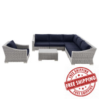 Modway EEI-5098-NAV Conway Outdoor Patio Wicker Rattan 7-Piece Sectional Sofa Furniture Set Light Gray Navy