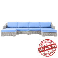 Modway EEI-5099-LBU Conway Outdoor Patio Wicker Rattan 6-Piece Sectional Sofa Furniture Set Light Gray Light Blue
