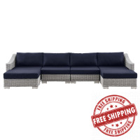 Modway EEI-5099-NAV Conway Outdoor Patio Wicker Rattan 6-Piece Sectional Sofa Furniture Set Light Gray Navy