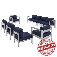 Modway EEI-5481-SLV-NAV-SET Silver Navy Shore Sunbrella® Fabric Outdoor Patio Aluminum 7 Piece Sectional Sofa Set