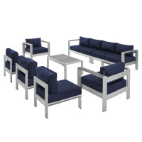 Modway EEI-5482-SLV-NAV-SET Silver Navy Shore Sunbrella® Fabric Outdoor Patio Aluminum 8 Piece Sectional Sofa Set