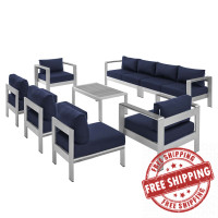 Modway EEI-5482-SLV-NAV-SET Silver Navy Shore Sunbrella® Fabric Outdoor Patio Aluminum 8 Piece Sectional Sofa Set