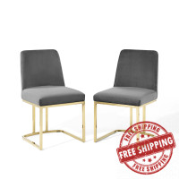 Modway EEI-5569-GLD-GRY Gold Gray Amplify Sled Base Performance Velvet Dining Chairs - Set of 2