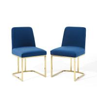 Modway EEI-5569-GLD-NAV Gold Navy Amplify Sled Base Performance Velvet Dining Chairs - Set of 2