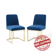 Modway EEI-5569-GLD-NAV Gold Navy Amplify Sled Base Performance Velvet Dining Chairs - Set of 2