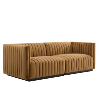 Modway EEI-5764-BLK-COG Conjure Channel Tufted Performance Velvet Loveseat Black Cognac