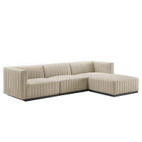 Modway EEI-5788-BLK-BEI Conjure Channel Tufted Upholstered Fabric 4-Piece Sectional Sofa Black Beige