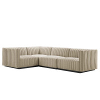 Modway EEI-5791-BLK-BEI Conjure Channel Tufted Upholstered Fabric 4-Piece L-Shaped Sectional Black Beige