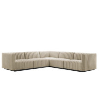 Modway EEI-5793-BLK-BEI Conjure Channel Tufted Upholstered Fabric 5-Piece L-Shaped Sectional Black Beige