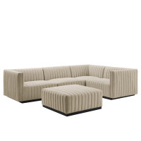 Modway EEI-5797-BLK-BEI Conjure Channel Tufted Upholstered Fabric 5-Piece Sectional Black Beige