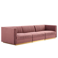 Modway EEI-5825-DUS Sanguine Channel Tufted Performance Velvet 3-Seat Modular Sectional Sofa Dusty Rose