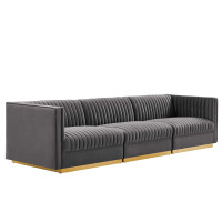 Modway EEI-5825-GRY Sanguine Channel Tufted Performance Velvet 3-Seat Modular Sectional Sofa Gray