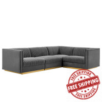 Modway EEI-5829-GRY Sanguine Channel Tufted Performance Velvet 4-Piece Right-Facing Modular Sectional Sofa Gray