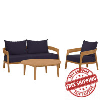 Modway EEI-5834-NAT-NAV Brisbane 3-Piece Teak Wood Outdoor Patio Outdoor Patio Set Natural Navy