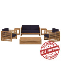 Modway EEI-5836-NAT-NAV Carlsbad 6-Piece Teak Wood Outdoor Patio Outdoor Patio Set Natural Navy