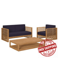 Modway EEI-5837-NAT-NAV Carlsbad 3-Piece Teak Wood Outdoor Patio Outdoor Patio Set Natural Navy