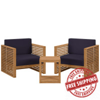 Modway EEI-5838-NAT-NAV Carlsbad 3-Piece Teak Wood Outdoor Patio Outdoor Patio Set Natural Navy