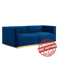 Modway EEI-5842-GLD-NAV Conjure Channel Tufted Performance Velvet Loveseat Gold Navy